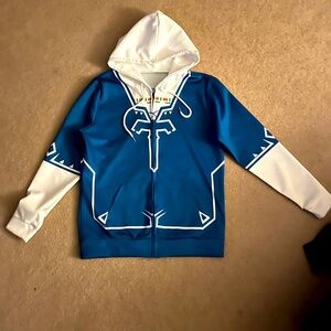 Blue and white Legend of Zelda hoodie with image on front and back.
